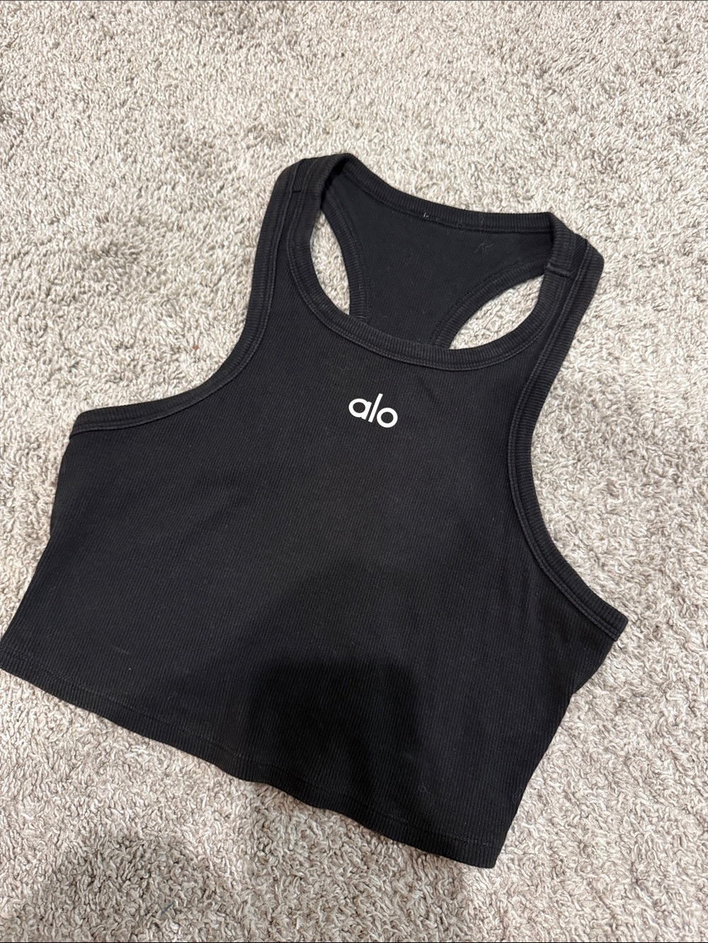 ALO Yoga Black Ribbed Racerback Crop Top with White Logo